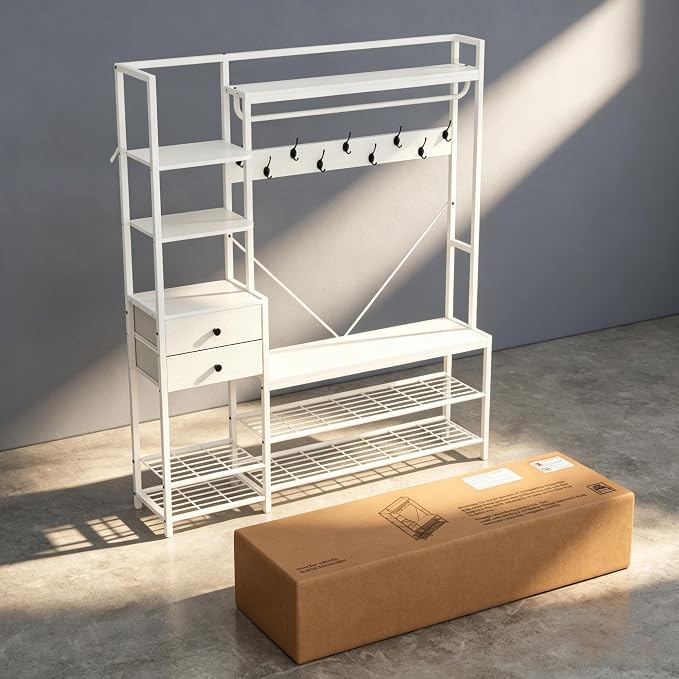 Gyfimoie 7-in-1 White Hall Tree with Bench and Shoe Storage, 55" Wide Entryway Coat Rack with Shoe Storage Shelves & Drawers, Mudroom Bench with Seating and Hooks for Hallway, Entrance