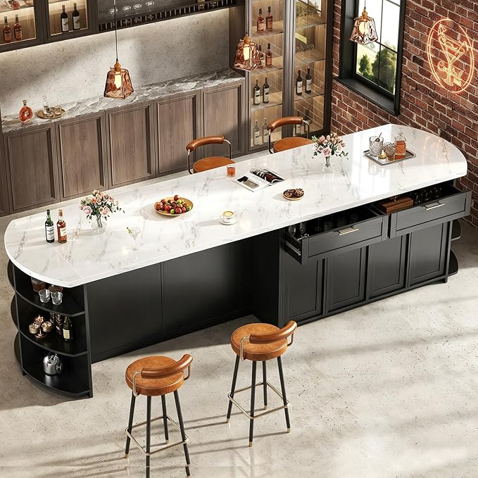 HSH 63” Large Kitchen Island with Seating, White Faux Marble Island Table with 2 Storage Drawers, Cabinets, 3 Open Shelves, Modern Counter Height Stationary Island Prep Table for Kitchen Dining Room