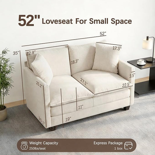 Loveseat Sofa, 52''Modern Cloud Sofa Couch with 27" Deep Seat & 2 Pillows, Comfy Chenille Small Couch for Small Spaces, Apartment, Studio, Bedroom, Living Room (Beige, Loveseat)