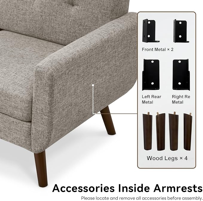 Tbfit 65" W Loveseat Sofa, Mid Century Modern Love Seat Couches for Living Room, Button Tufted Upholstered Small Couch for Bedroom, Solid and Easy to Install Love Seats Furniture, Grey