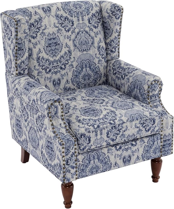 High Back Accent Chair, Fabric Upholstered Armchair Floral Wingback Chair for Living Room, Comfy Solid Wood Legs Bedroom Reading Seat - Navy