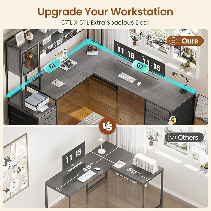 SEDETA L Shaped Gaming Desk with Drawers, Reversible Computer Corner Desk with File Drawer, Hutch, Storage Shelves for Home Office, Gaming Two Person Desk with Led Lights, Power Outlet, Grey