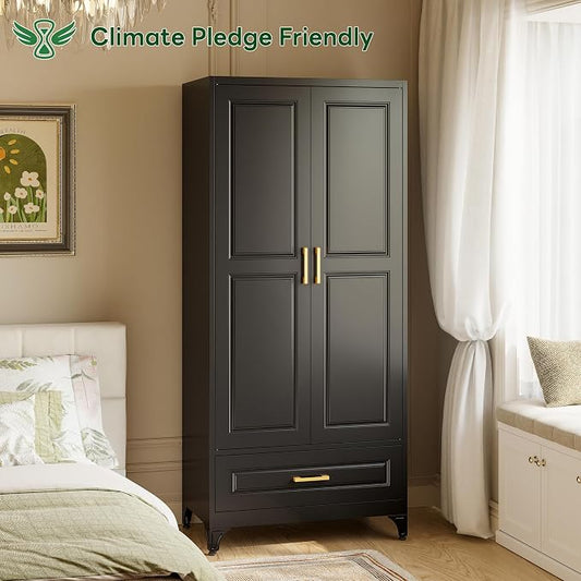 Metal Wardrobe Cabinets with Drawers,Black Armoire Wardrobe Closet with Hanging Rod,Clothes Storage Cabinet with Adjustable Shelves and Doors,Clothing Cabinet for Bedroom,Laundry Room
