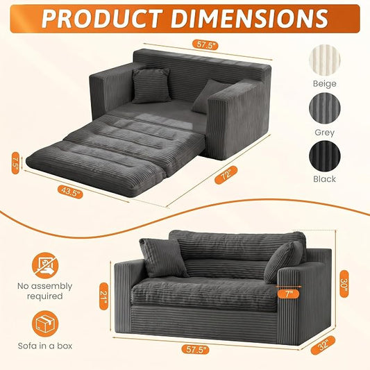 Erament Boneless Loveseat Sofa Couch, 2 in 1 Convertible Sofa Bed with Pillows, Fold Out Bean Bag Chair Boneless Floor Couch for Living Room Bedroom Office Lounge Apartment, No Assembly Needed, Grey