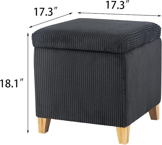 Adeco Faux Fur Storage Ottoman Cube, 18" High Fluffy Grey Foot Stool with Hinged Lid, Upholstered Small Bench for Living Room Bedroom, Solid Wood Legs