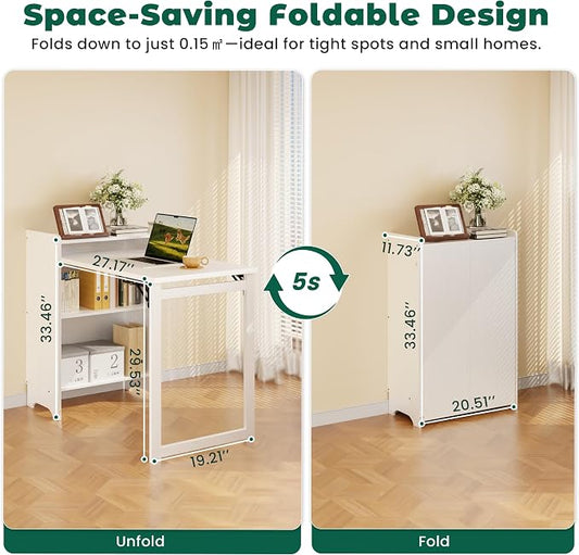 HDDFER Folding Desk with Built-in Outlet,for Small Spaces,Hidden Desk with Storage Shelf, Foldable Computer Desk for Bedroom Home Office, Mid Century Modern Fold Out Table Writing Table, White