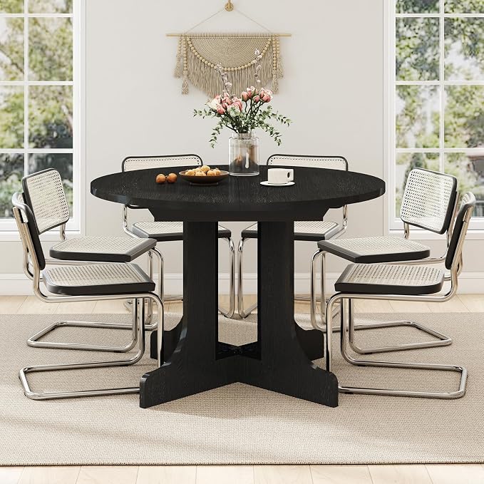 Zevemomo 43"-59" Round Extendable Dining Table for 4-6, Black Expandable Dining Room Table with Removable Self, Metal Reinforced Cross Base, Modern Oval Kitchen Table for Small Spaces, Easy Assembly