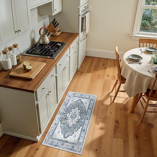 RELEANY Area Rugs Small 2'x4' Washable Non-Slip, Floral Vintage Distress Medallion Carpet for Kitchen Entryway Bathroom, Light Gray Grey White