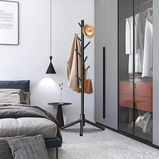 Unisakey Durable Wooden Coat Rack, Freestanding Coat Rack with Stable Triangular Base, 8 Hooks & 3 Adjustable Heights, Simple Assembly for Bedroom, Hallway, Office(New Black)