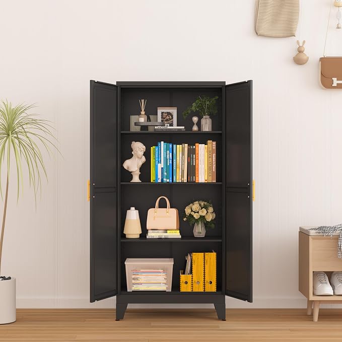 GAIOUS Metal Storage Cabinet With 2 Doors and 3 Adjustable Shelves, Black Kitchen Pantry for Food, Utility Cabinet for Laundry Room, Cupboard