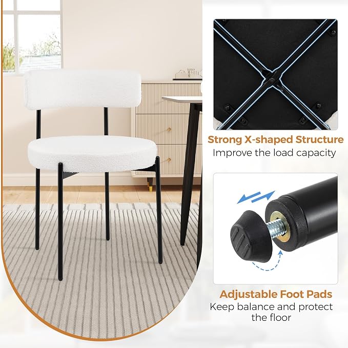 Giantex Boucle Dining Chairs Set of 2, Upholstered Round Kitchen Chair with Curved Backrest & Metal Legs, Modern Armless Side Chair, White Sherpa Accent Chairs for Dining Room