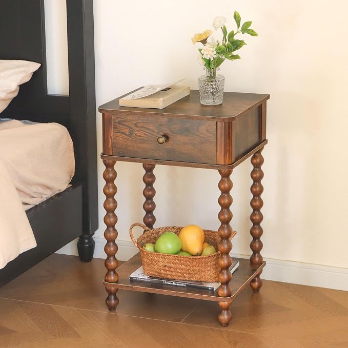 AWASEN Nightstand, Mid Century Modern Night Stand with Drawer for Living Room, Modern Bedside End Table with Spindle Wood Legs for Bedroom, Office, Rustic Brown