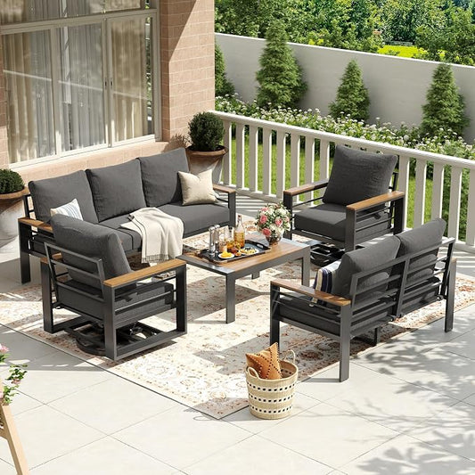 Aoxun Aluminum Patio Furniture Set 7 Seats with Rocking Chair, Oversized Outdoor Sectional with Washable Thick Cushions, Coffee Table, Patio Conversation Sets for Porch, Balcony, Deck,Dark Gray