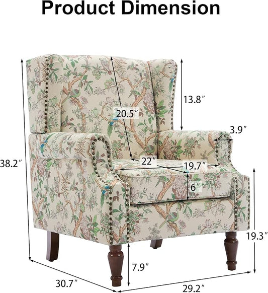 Pia Ricco Set of 2 Floral Accent Chairs, High Back Upholstered Armchairs with Retro Wingback Design, Nailhead Trim & Solid Wood Legs for Living Room Bedroom(Bird Pattern)