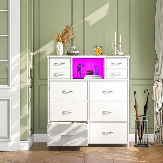 Romorgniz White Dresser for Bedroom with LED Lights & Power Outlets 2 AC & 2 USB, Fabric 10 Drawer Dressers & Chest of Drawers with Open Shelves for Hallway Living Room Closet, Metal Frame, Wood Top