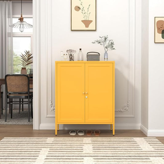 Metal Storage Locker with Djustable Shelves 36" H Lockable Modern Lockers Home Organization Cabinet 2-Door Durable Metal Cabinet for Bedroom Entrance Yellow 36" H X 31.5" W X 13.8" D