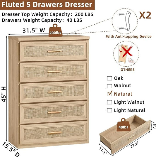 RWYHG Rattan Dresser for Bedroom with 5 Drawers 45" Tall Wood Closet Organizer with Metal Handle Furniture for Living Room Hallway Natural