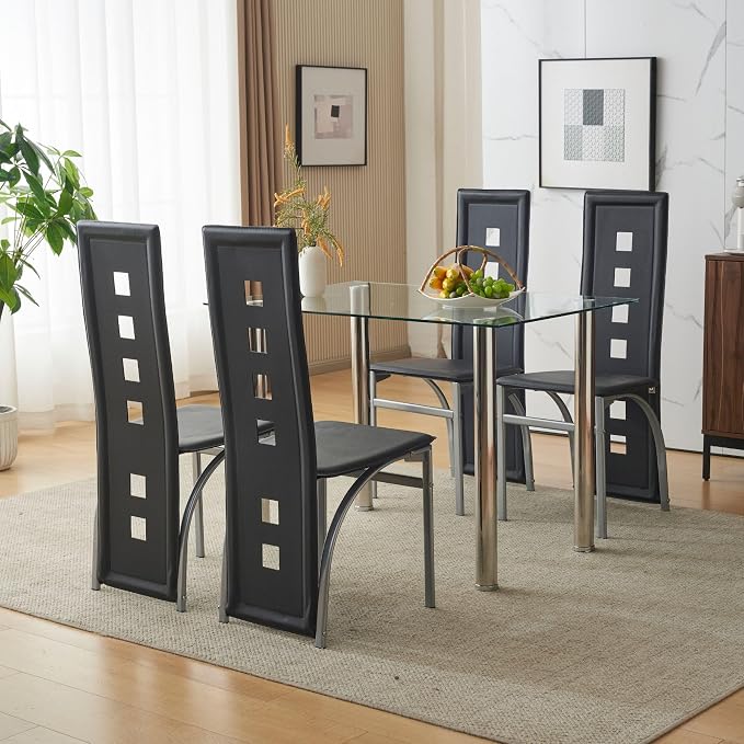 Karl home Dining Chairs Set of 4, PU Leather & Hollow High Back, Black | Black kitchen chairs with padded seats & foot cap protection for dining kitchen living room,300lbs capacity,space-saving