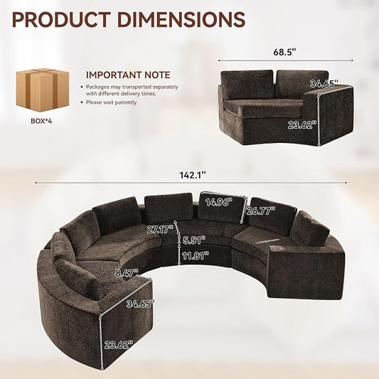 WUTUTUEE 142'' Curved Round Boneless Couch, Oversized Half Moon Sofa with Deep Seat & Arms, Chenille Modular Sectional Sofa with Pillows, Upholstered Comfy 8 Seat Couch for Living Room, Brown