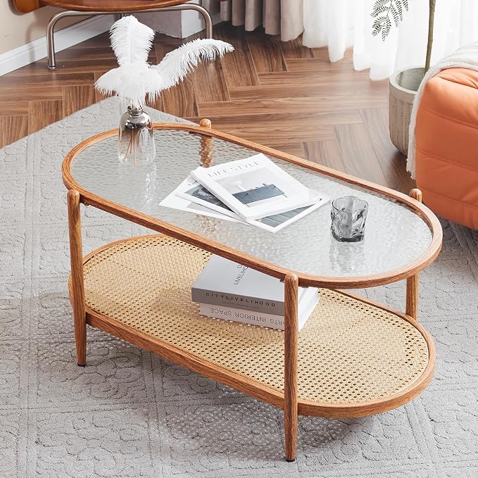 VINGLI 38" Rattan Oval Coffee Table, Water-Wave Glass Metal Center Table, Modern Coffees Table with 2-Tier Storage, Farmhouse Coffe Table for Living Room and Small Space, Natural Vibe