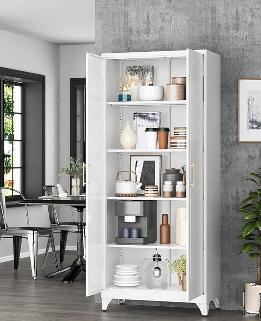 75" Tall Metal Storage Cabinet with 2 Doors and 4 Adjustable Shelves, Heavy Duty Steel Pantry Cabinet for Home Office, Kitchen, Garage and Laundry Room, White