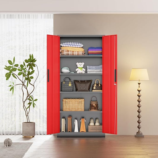 Bonusall 72" Metal Garage Storage Cabinet - 900lbs Heavy Duty Steel Cabinet with 3-Point Locking System & 4 Adjustable Shelves, Lockable Tall Storage for Garage, Office, Warehouse - Black & Red