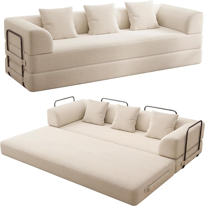 89" Cloud Boneless Convertible Sofa Bed, 5-in-1 Foldable Compressed High-Density Sponge Sofa, Corduroy Fabric 3 Seater Sleeper Couch Futon Daybed for Living Room Bedroom (Beige)