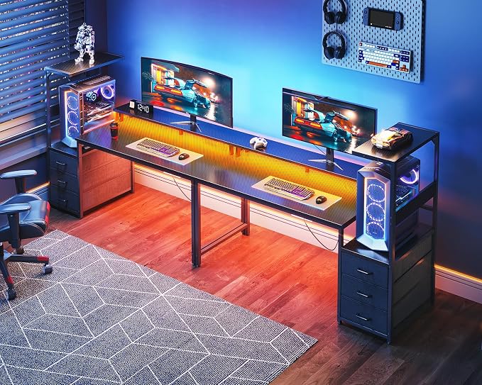 AODK 59 Inch Gaming Desk with LED Light- Reversible Computer Desk with Storage Shelves & Monitor Stand, Fabric Drawers Fits Compact PC Towers, Black