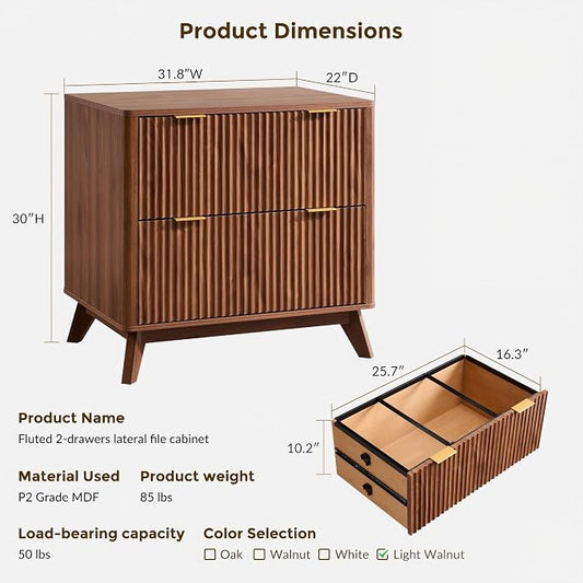 T4TREAM 2 Drawer File Cabinet, 31.8" Fluted Lateral File Cabinet w/Files Hanging Rod for Letter/Legal/A4, Large Tabletop for Printer, Office Wood Printer Cabinets, Light Walnut