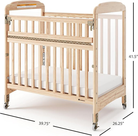 Foundations Serenity SafeReach Clearview Crib, Natural, Adjustable Mattress Board, Compact Wooden Baby Crib, Clear End Panels for Child Visibility, Includes 3” Foam Mattress