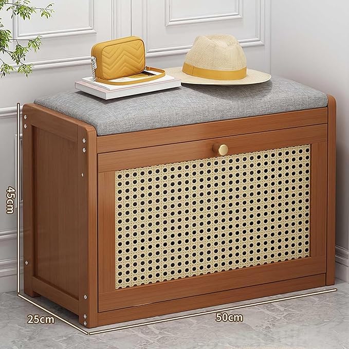 ELEFOCUS Shoe Storage Bench with Rattan Drawers - Slim Shoe Organizer Cabinet for Closet | Space-Saving Closed Shoe Rack (Size:50x25x45cm,Color:Brown)