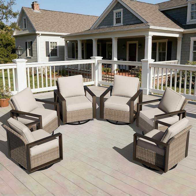 Joyside Outdoor Patio Swivel Rocker Chairs Set, 6 Pieces Wicker Rattan Chairs with Metal Wide Armrest, Thick Cushions and Deep Seating for Garden, Backyard, Porch, Deck