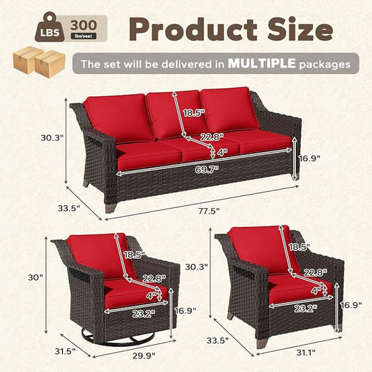 5 Pieces Patio Conversation Furniture Set - 1 Sofa, 2 Armchairs, 2 Swivel Chairs, Outdoor Wicker Furniture with Removable Cushions for Porch, Balcony, Sunroom (Red)