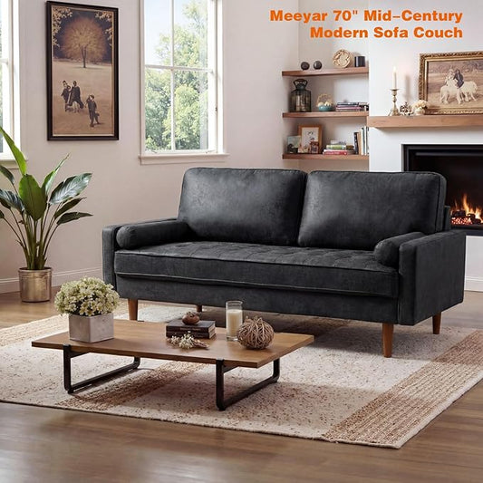70" Mid-Century Modern Sofa Couch – Faux Leather Loveseat Sofa with Deep Seat & Solid Wood Frame – Includes 2 Accent Pillows – Black Living Room Bedroom Office (Black, 70 inches)