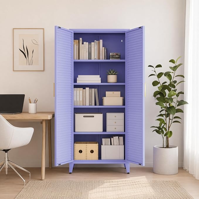 2 Door Tall Metal Storage Cabinet with 3 Adjustable Shelves,61'' Steel Locker Storage with Metal Handles and Elevated Legs,Multifunctional Storage Armoire for Home Bedroom Living Room Entryway(Purple)