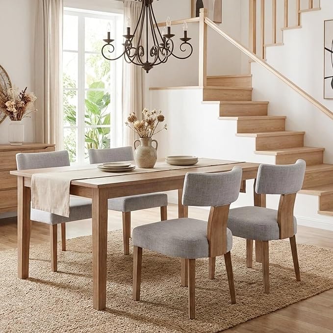 HNY Set of 4 Mid Century Modern Dining Chairs, Farmhouse Linen Fabric Upholstered Accent Chair Curved Backrest Kitchen Chairs, with Hardwood Frame, Grey