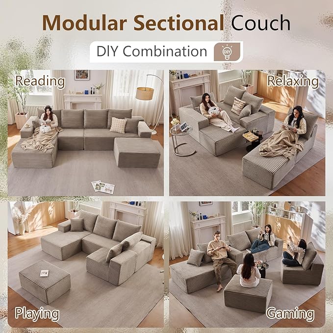 135" Modular Sectional Sofa with U Shaped Chaise, Upholstered Couches for Living Room with Deep Seat, No Assembly Required, Corduroy Cloud Couches, Camel(Left-Facing Chaise