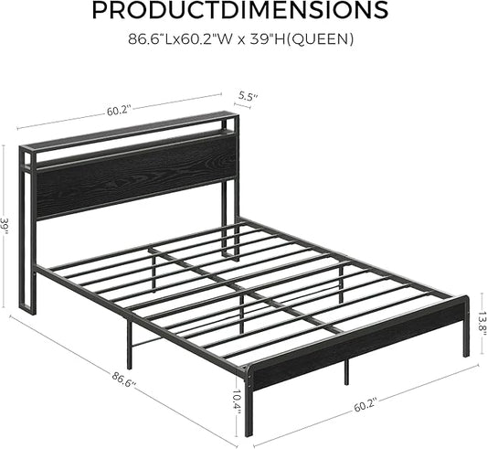 LIKIMIO Queen Bed Frame with Headboard, Dark Wood Camas Queen with Strong Supports, Sturdy, Noise-Free, No Box Spring Needed, Black