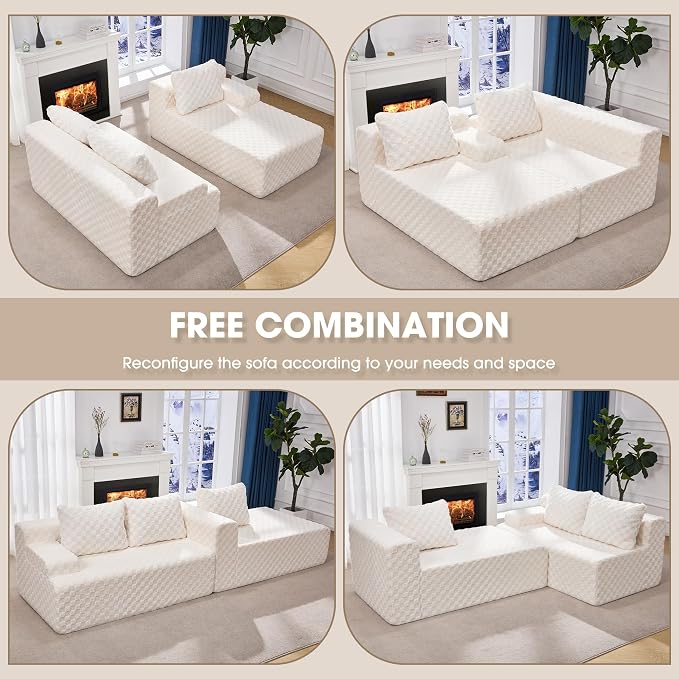 Hobestluk Boneless Couch Modular Sectional Sofa L-Shape Couch 3 Seat Modular Couch Memory Foam Sectional Couches for Living Room Furniture, Cloud Couch with Chaise Lounge (96" Right Facing Chaise)