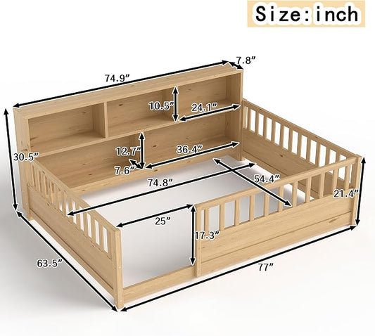 Bellemave Full Size Montessori Floor Bed with Bookcase, Full Floor Bed with High Fence and Storage Shelves, Easy Assemble Montessori Beds Frame for Girls, Boys, Natural