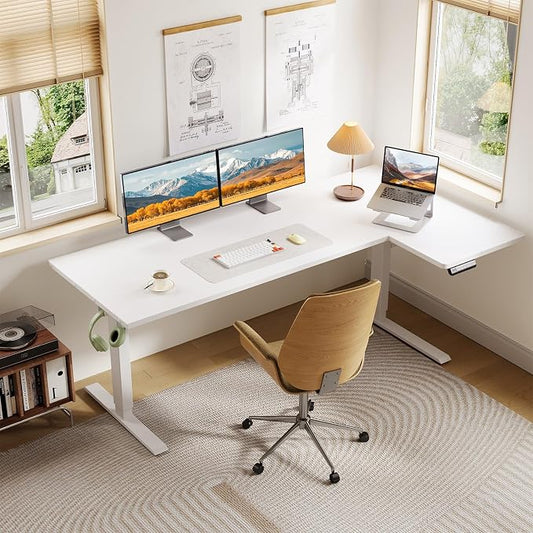 OffiGo Electric L Shaped Standing Desk, 63 Inches Height Adjustable Table, Reversible Corner Stand Up Desk, Lifting Computer Table for Home Office, Computer Workstation, White