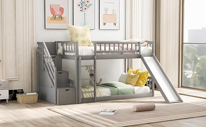Ball & Cast Twin Over Twin Size Bunk Bed with Two Drawers and Slide,Wood Bunkbed w/Full-Length Guardrails & Storage Convertible Ladder,Space Saving,Slat Support,Bedframe for Child's BedroomGray