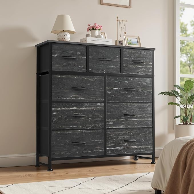 OLIXIS 9 Drawer Storage Dresser with Wood Top - Wide Fabric Chest Organizer for Bedroom, Closet, Living Room,Tower Cabinet, TV Stand, Hallway Entryway Furniture,Black Wood Grain