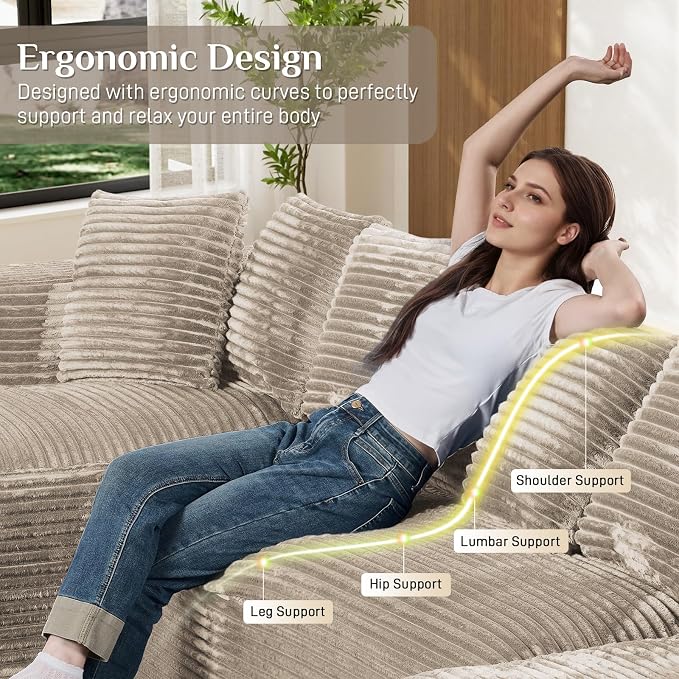 131" Oversized U Shaped Cloud Sectional Couches for Living Room, Comfy Fluffy Corduroy Light Brown Boneless Sectionals Couch, Plush Memory Foam Modular Sectional Sofa with Chaise- 19" Seat Height