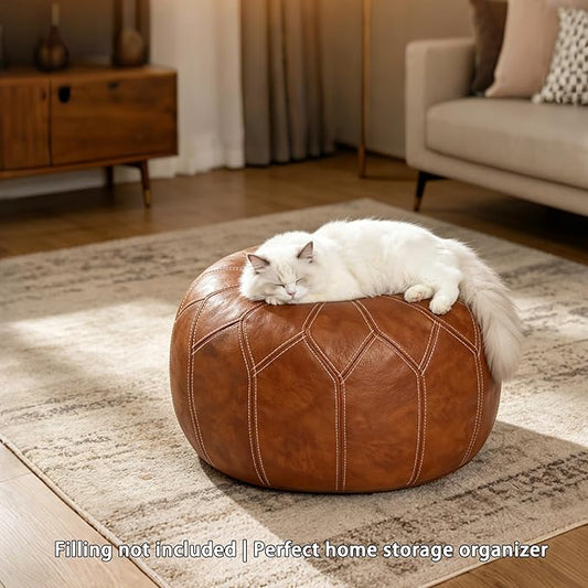 Thgonwid Unstuffed Moroccan Faux Leather Pouf Ottoman Cover with Storage - Boho Chic Multi-Use Footrest for Living Room, Bedroom, Patio - Round Ethnic Floor Cushion & Decorative Accent, Brown