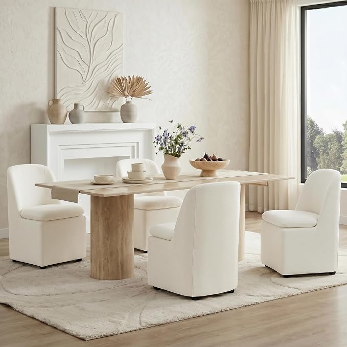 KISLOT Upholstered Dining Chairs Set of 2 with Hidden Casters, Modern Kitchen Chairs with Removable Washable Cover, Padded Dining Room Chairs with Chenille Velvet Fabric & Metal Frame, Beige