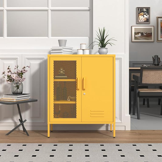 Yellow Metal Locker CabinetsMetal Locker Storage Cabinet with Mesh Doors and Adjustable Shelves Coffee Bar Cabinet,Kitchen Pantry Storage Cabinets for Home, Office, Entryway and Hallway