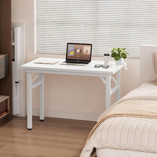 Need 39.4 Inch Folding Desk for Small Spaces, Home Office Computer Desk with White Wood Top & Metal Frame, Foldable Writing Table for Study, Bedroom, Dorm Room & Student