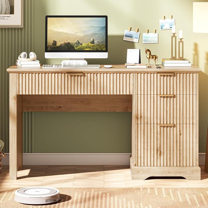 Vabches Fluted Executive Desk with Drawers, Wood Computer Desk with Ample File Drawer, Home Office Desk with Storage for Study, Bedroom, Living Room, Oak