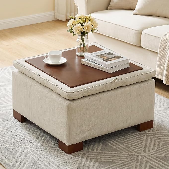 30 Inch Square Storage Ottoman Coffee Table, Modern Tufted Upholstered Ottoman with Flip Tray and Solid Wood Legs, Suitable for Living Rooms, Linen Khaki